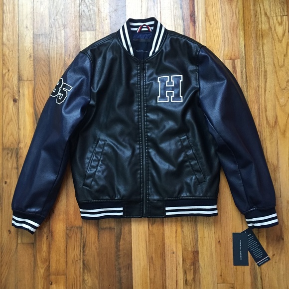 tommy hilfiger blue leather jacket
